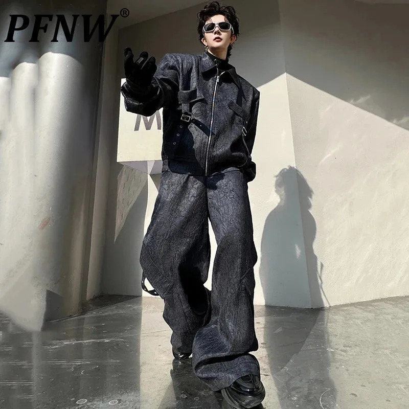 PFNW High Street Mens Suit Multi-pocket Ribbon Jacket Men Loose Wide Leg Pants Male Fashion Two-piece Set Spring 9C4240 250220