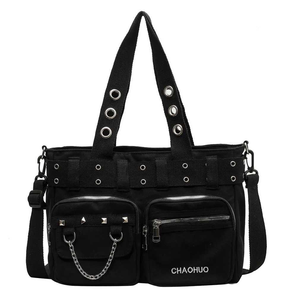 Women Rockabilly Shoulder Bag with Chain Canvas Tote Handbag Zipper Closure Punk Style Sling Bag Female Outdoor Bag Y250218
