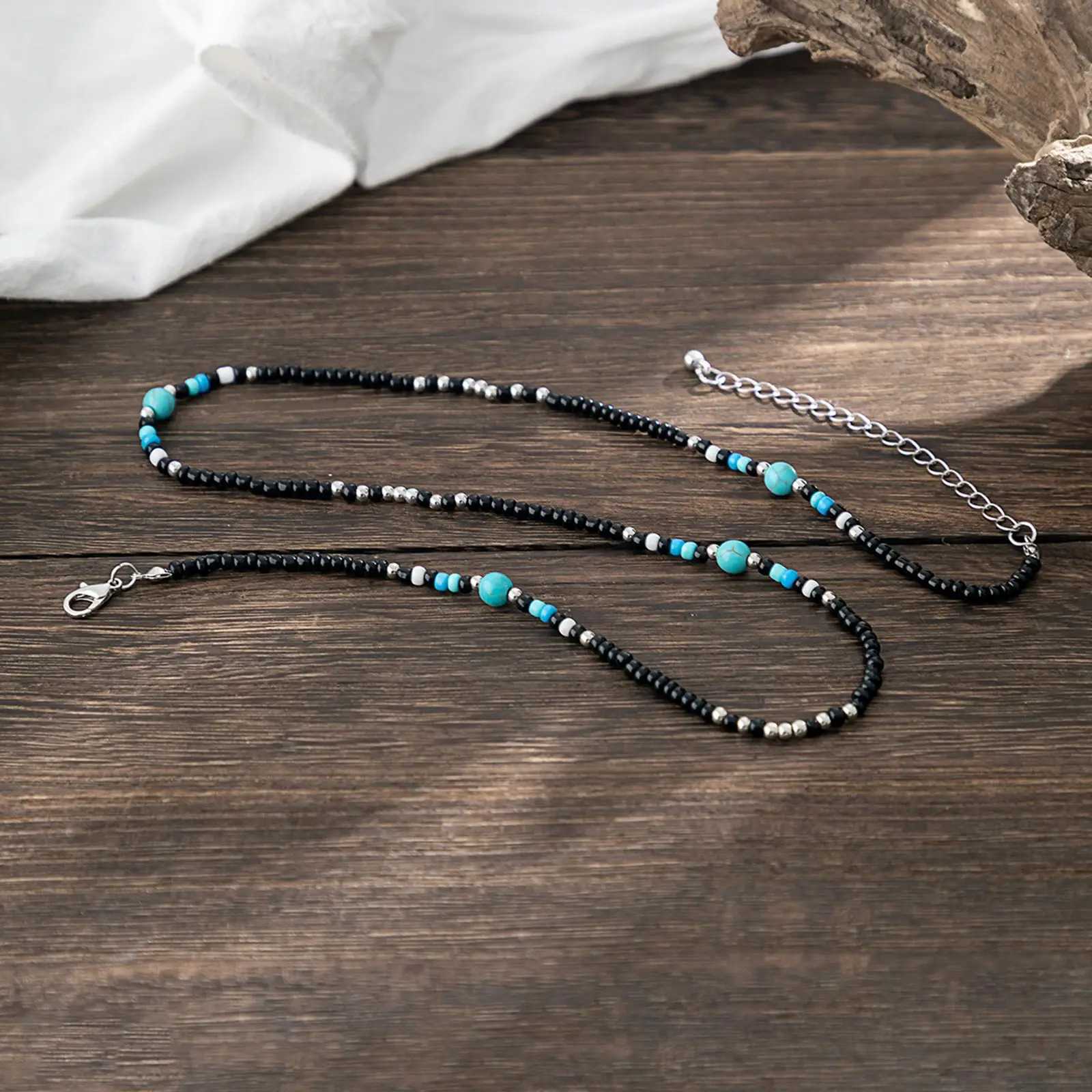 Synthetic Turquoise Necklaces for Men BoysMini Black Beaded NecklacesSummer Beach Male JewelryXJ250219
