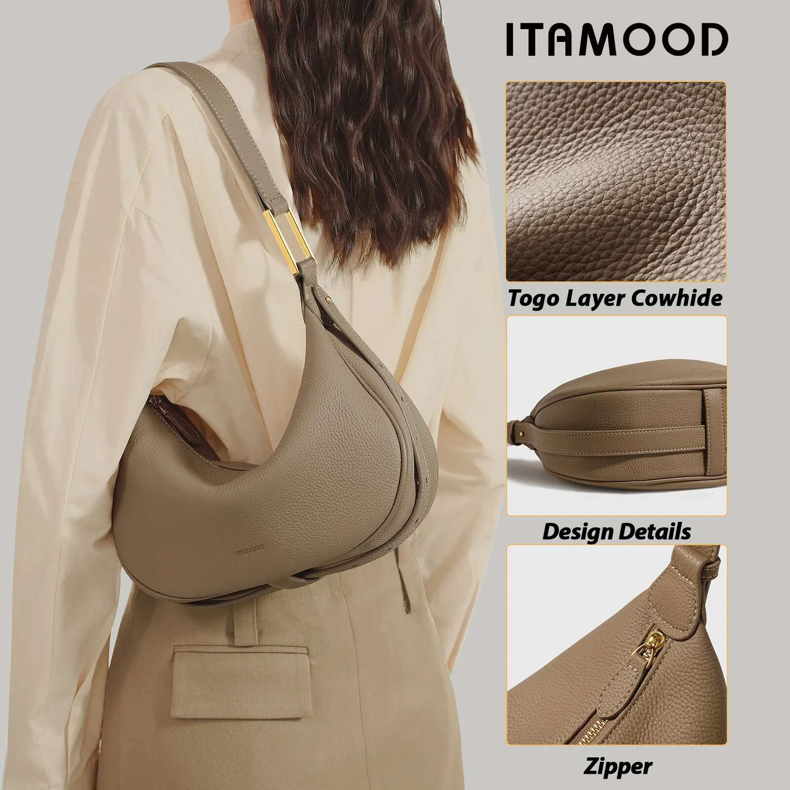 ITAMOOD Women Underarm Genuine Leather One Shoulder Crossbody Moon Bag High Grade Dumpgs Handbag For Cosmetic Storage