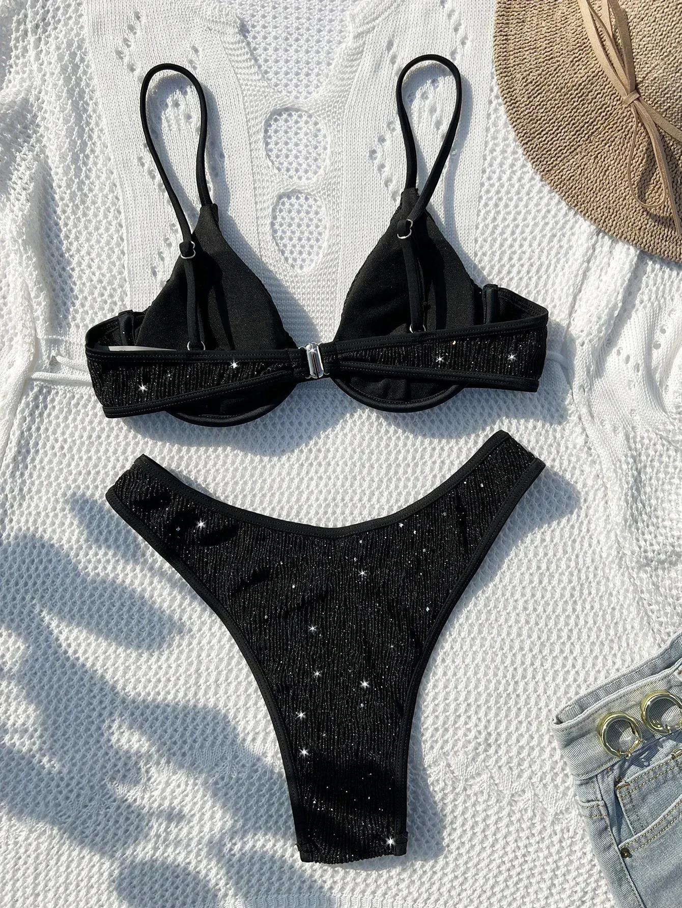 Swimsuit Women Black Shiny Bikini Sexy High Waist 2 Piece Swimwear Steel Support Female V-neck Beach Bathing Suit YX1378X 250220