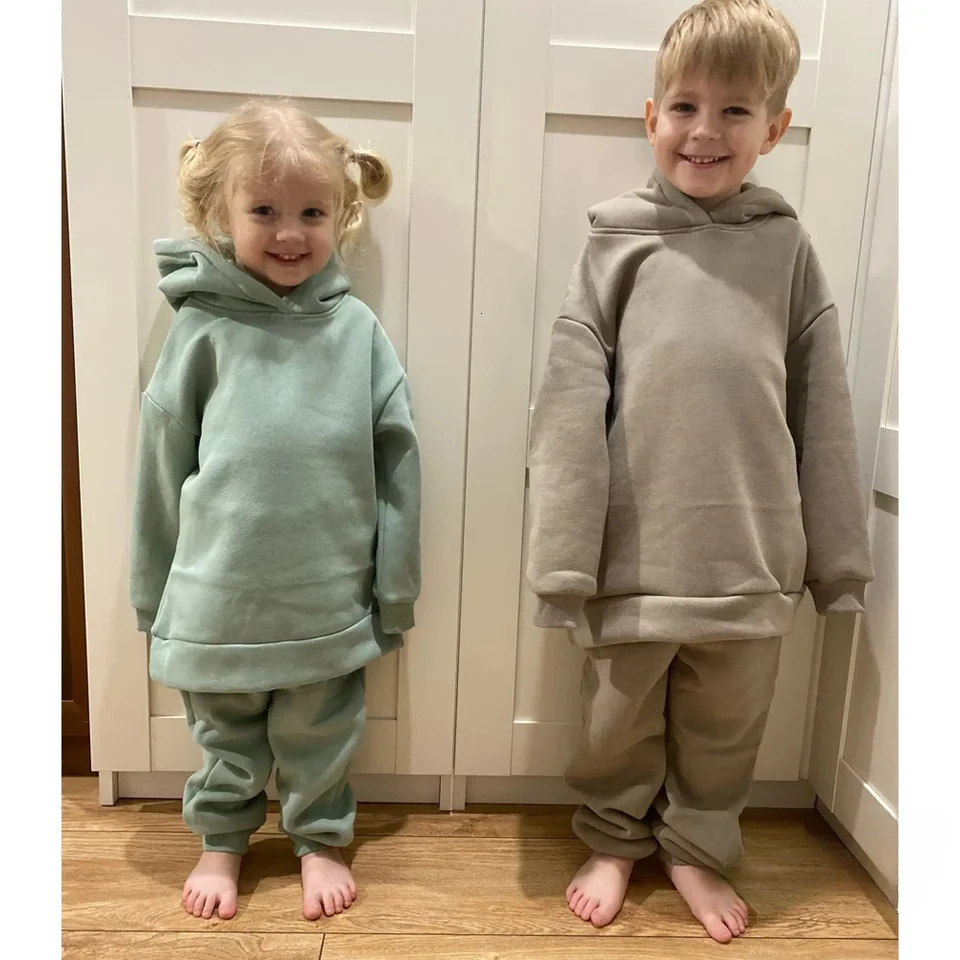 2025 Winter Children Fleece Outfits Toddler Warm Thicken Cotton Soild HoodiesPants Tracksuit Kids Boy Girl Sweatsuits Sets 250220