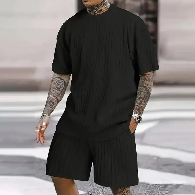 Mens Two Piece Suits Fashion Solid Stripe Short-sleeve T-shirts Shorts Men Spring Summer Clothing Casual Gym Sets Streetwear 250220