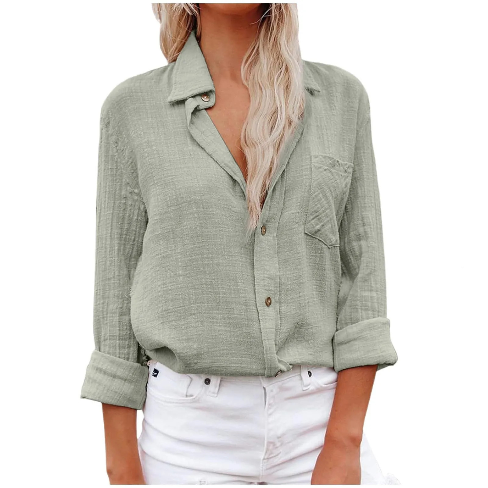 Womens Cotton Linen Tops Shirts Long Sleeve Blouses Office Lady Solid Casual Tunics Lapel SingleBreasted Shirt Blusas 250219