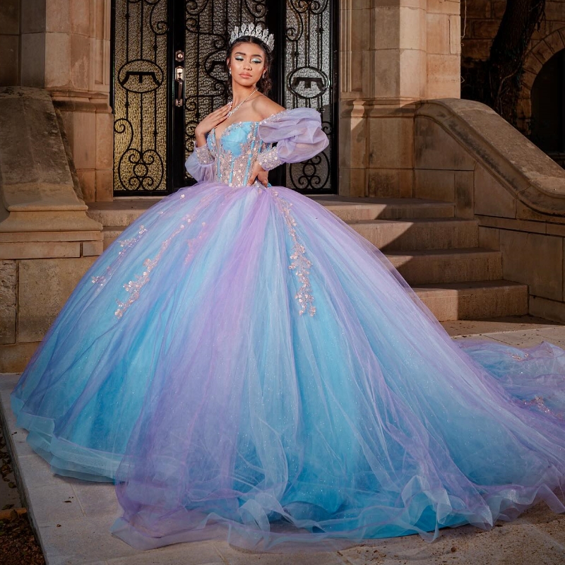 Lilac Shiny Quinceanera Dresses Ball Gown Off The Shoulder Applique Lace Beads Tull Sky Blue Lining Party Birthday Sweet 16 Dress Vestidos De 15 Anos
