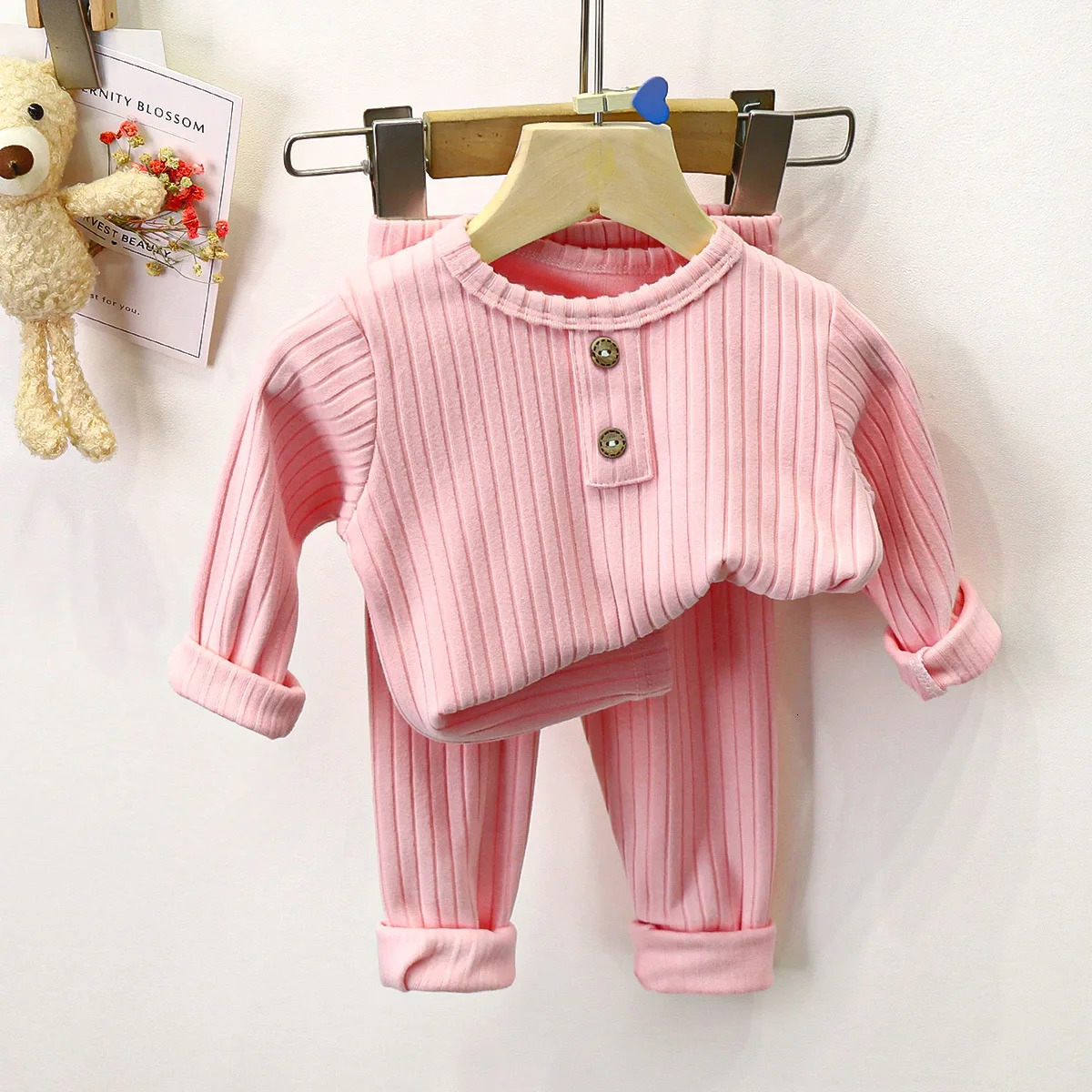 Autumn 2025 Ins Children Baby Girls 2PCS Pajamas Set Cotton Solid Bottom Tops Stretch Warm Pants Suit Kids Girls Homewears 250219