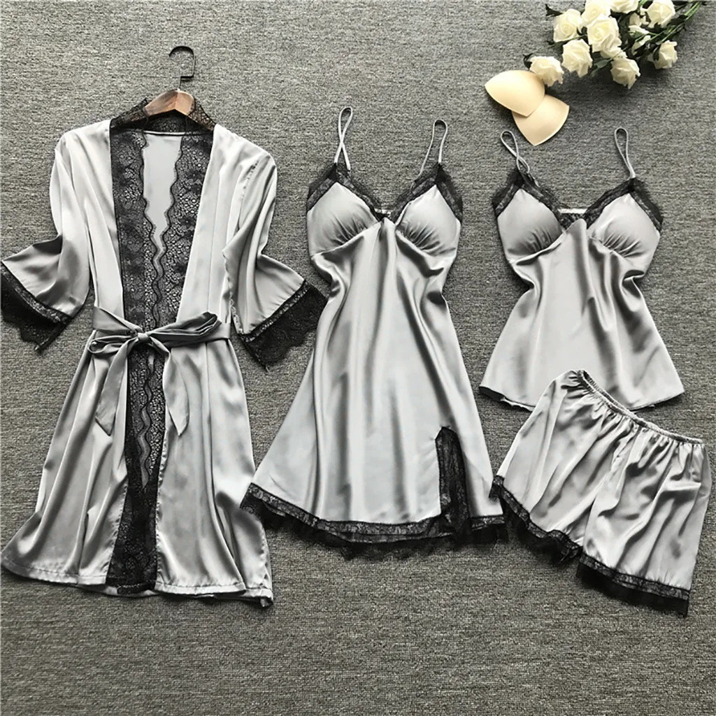 4PC Sexy Lace Robe Dress Women Silk Pajamas Sets Green Black White doll Sleepwear Nightdress Comfy Suspenders Pajamas Set 250219