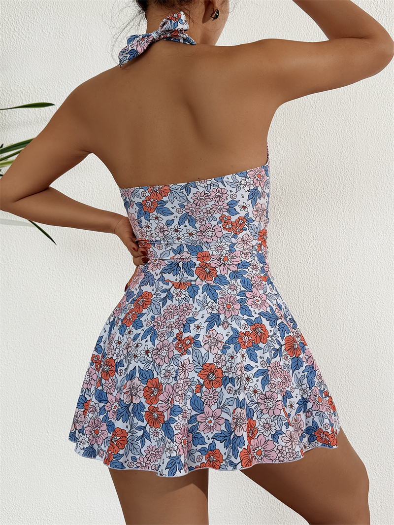 Women's Halter One Piece Skirt Swimsuit Ruched Swimdress Tummy Control Bathing Suit