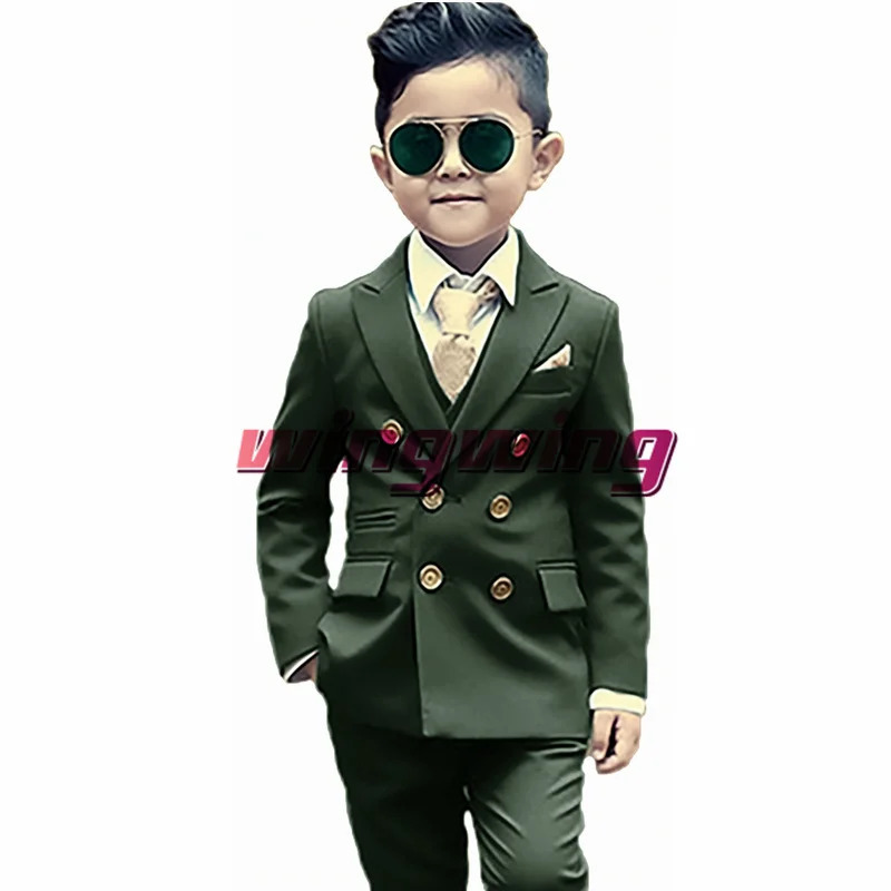 Green Boys Suit Wedding Two Piece Double Breasted Jacket Pants Fashion Gold Button Clothes Kids Blazer 250219