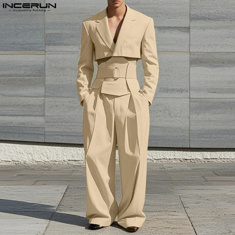 INCERUN Spring and Autumn Mens Long Sleeve Top Solid Wide Leg Pants Mens Two Piece Casual Set Streetwear 250220