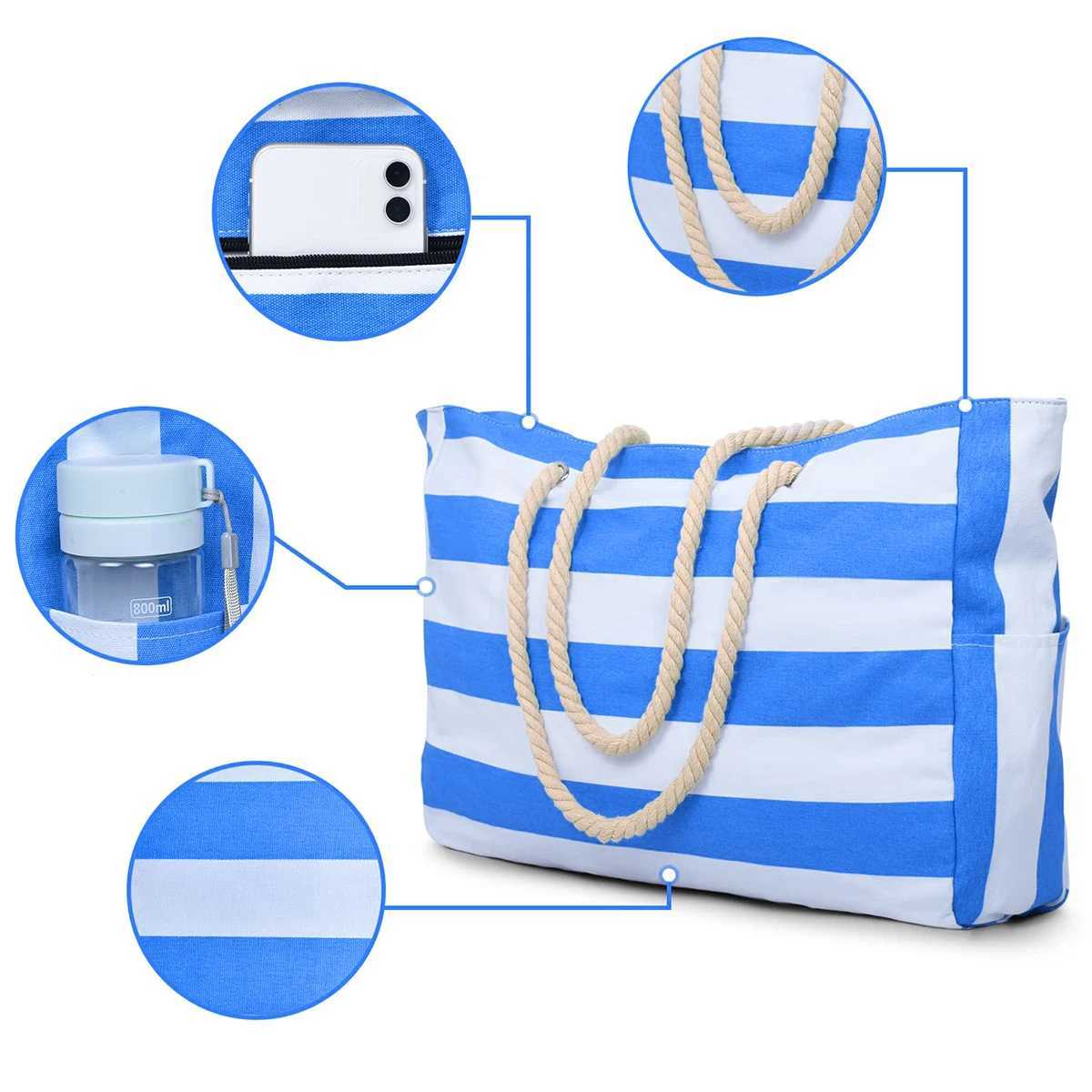Striped zipper outer bag for outdoor travel and vacation waterproof and sand resistant canvas convenient folding beach bag-ll Z250219