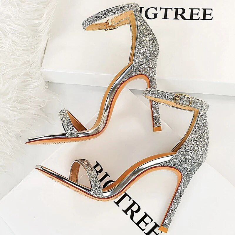 Sexy High Pumps Sparkle Sequins Stiletto 10 Cm Party Shoes Heels Summer Women Sandals New