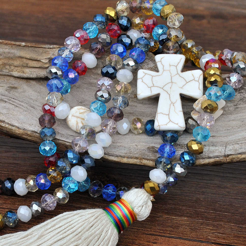 Pendant Necklaces Bohemian colored crystal necklace womens Cross tassel autumn and winter sweater chain jewelry H25219