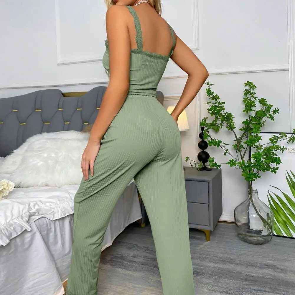 2Pcs/Set Womens Pajama Set Elegant Lace Trimmed Top Pants Sleepwear Set with Shirred Drawstring Waist Tank Top Loungewear 250219