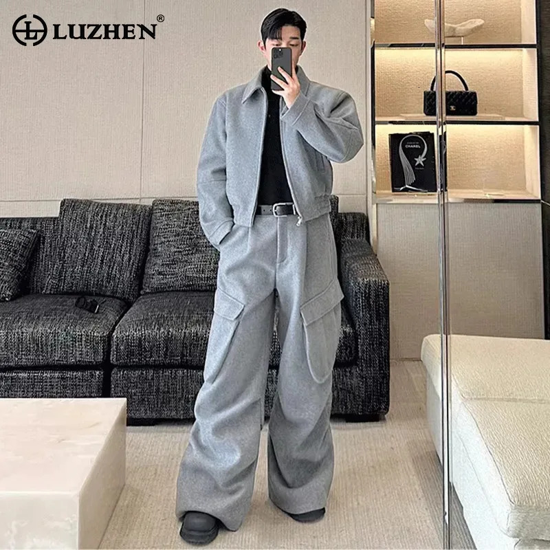 LUZHEN Woolen Casual Jacket Versatile Temperament Casual Vintage Big Pockets Decorate Wide Leg Pants Two-piece Set Male LZ8257 250220