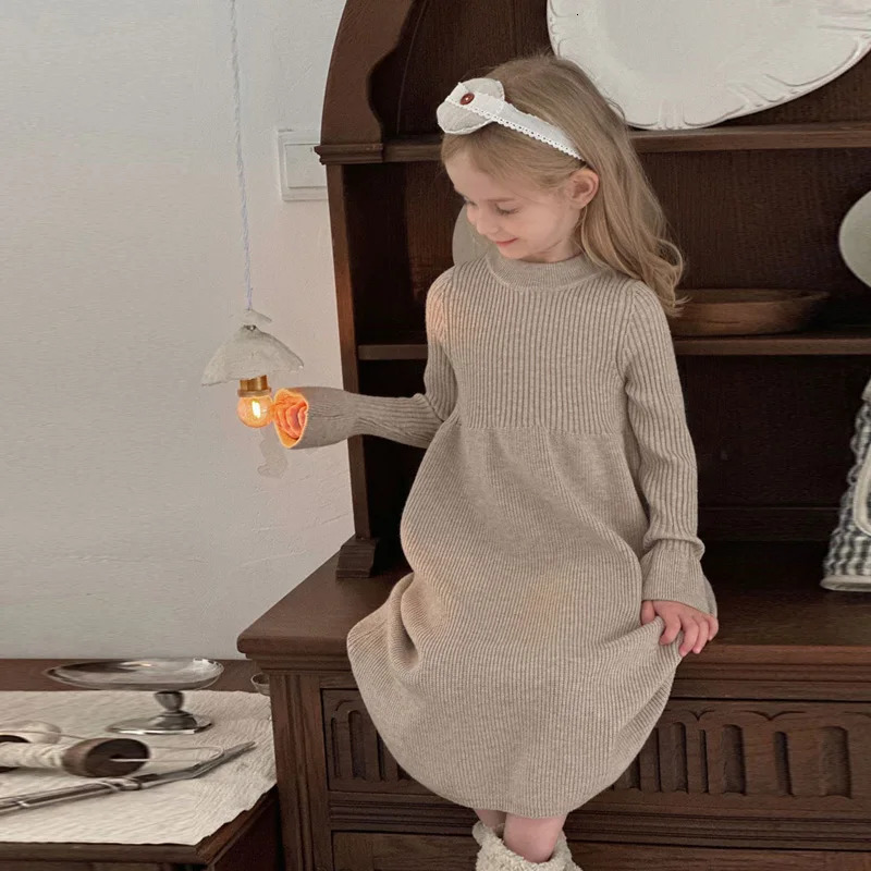 Girls Knitted Dress 2024 Autumn Winter Children Gown Princess Solid Color Vestidos Kids Fashion Sweater Dresses Baby Clothes 250220bj