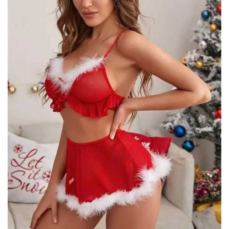 Swinol Christmas Erotic Costumes Women Sexy Lingerie Bra Skirt Thong Suit Plush Lace Tops Sex Play High Waist Sexy Sleepwear W250220