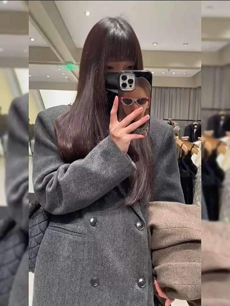 Fashion Gray Faux Fur Suit Coat Women Y2k Winter Thick Warm Double-Breasted Jackets Female Korean Streetwear All-Match Outwear
