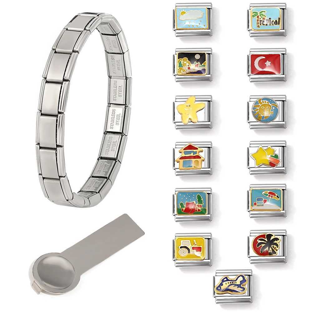 Italian Links Stainl Steel Charms Bracelet Women Enamel Coconut Tree Holiday Scenery Frog Elephant Fit 9mm Making JewelryXJ250219