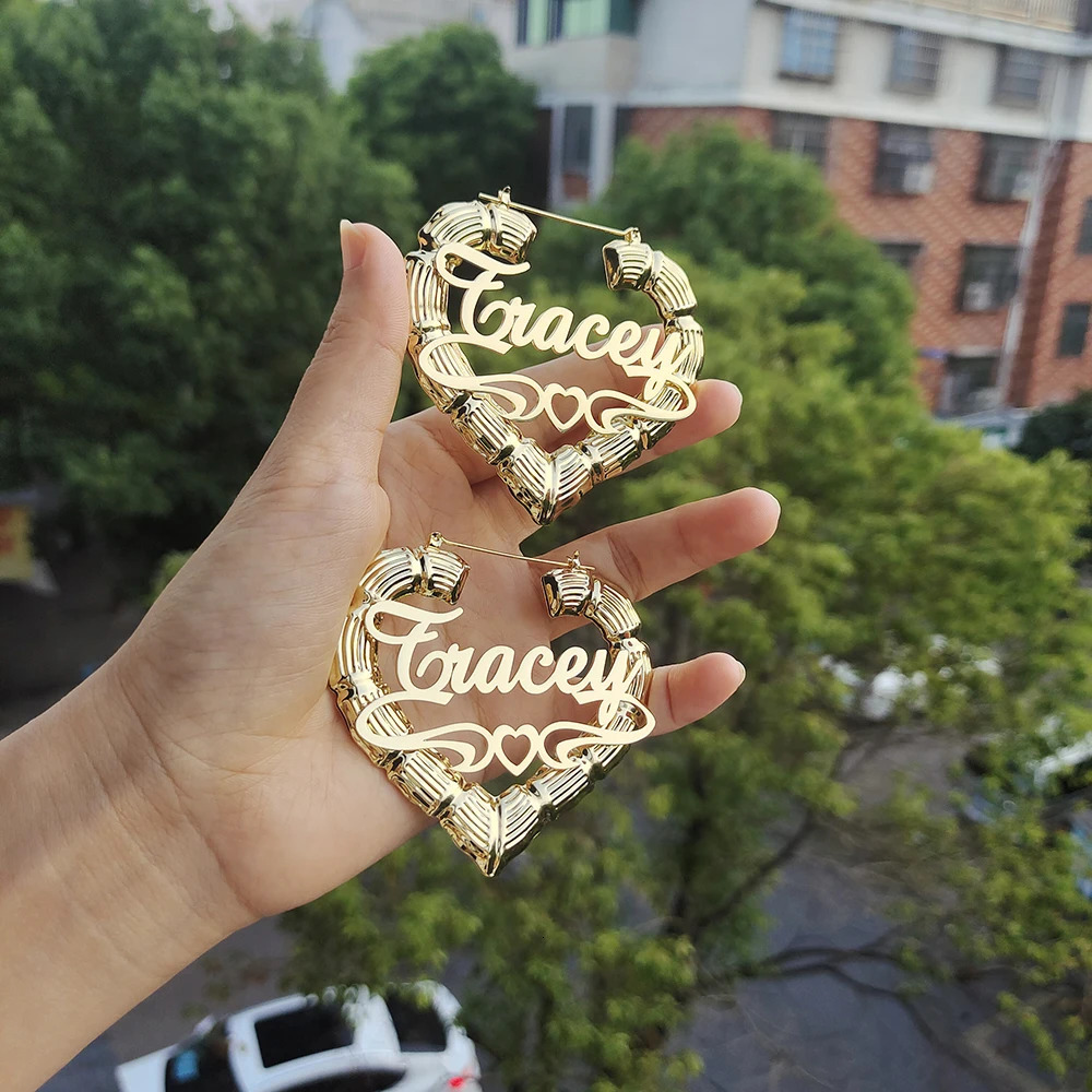 DODOAI Stainless steel Custom Heart Bamboo Hoop Earrings Customize Name Earrings Bamboo Style Personality Heart earrings Jewelry 250219
