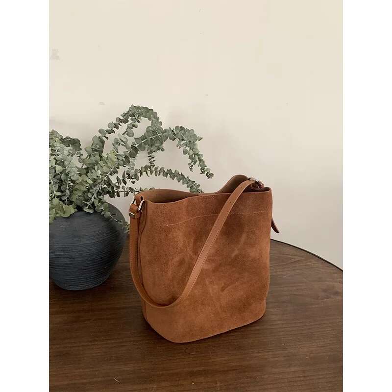 Newest Suede Leather Women Retro Bucket Bags High Quality Female Commute Tote Soft Cowhide Simple Shoulder Crossbody Bag