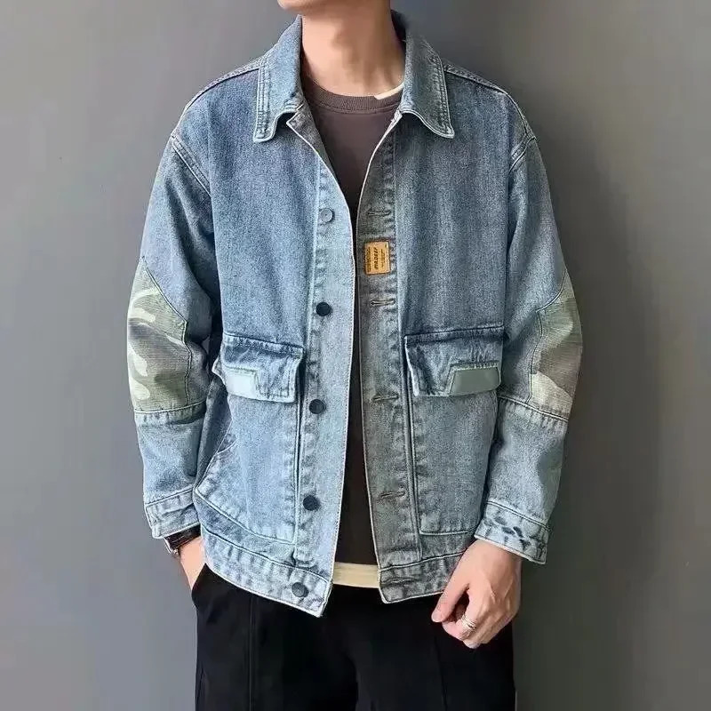 Jeans Coat for Men Cargo with Print Denim Jackets Man Beige of Fabric Winter Outerwear Price Stylish Oversize Y2k ed 250219