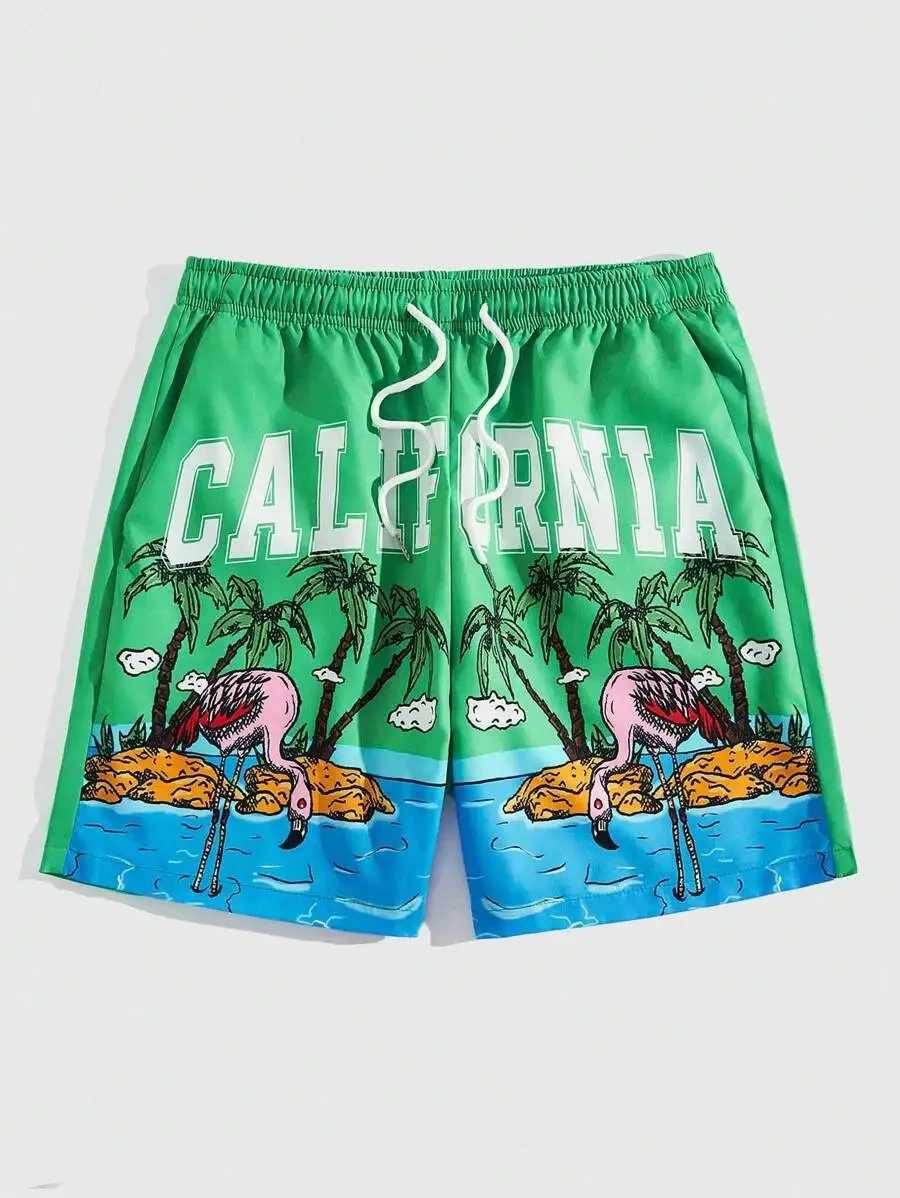 Mens quick drying summer new 3D printed coconut tree flamingo pattern mens sports shorts Hawaii beach shorts X250220