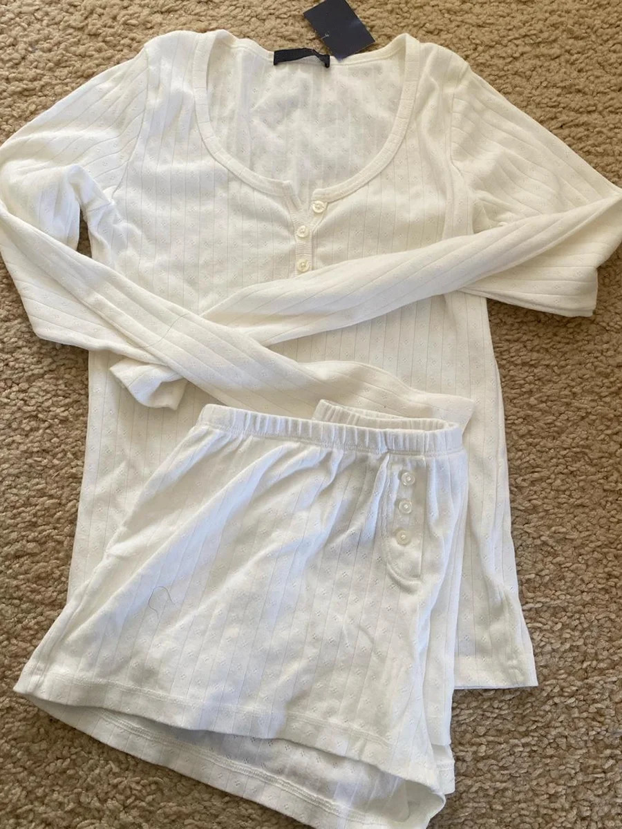 Eyelet Buttons White Long Sleeve T-shirt Shorts Set Woman Slim TeesElastic Straight Sweatshort Cotton Home Pajama 2 Piece Sets 250219