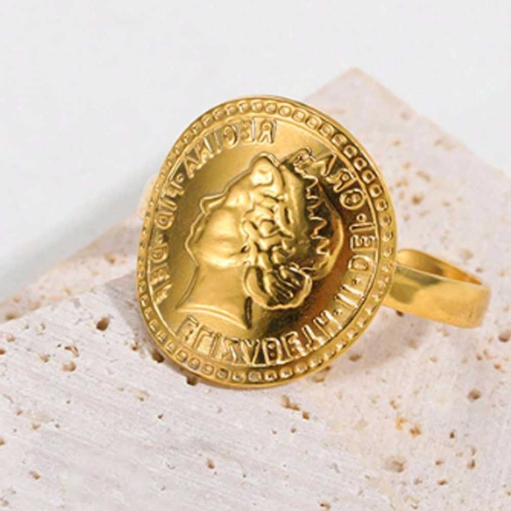 Vintage Greek goddess Arethusa coin ring imitation pearl zircon moon stainless steel ring fashion jewelry X250220