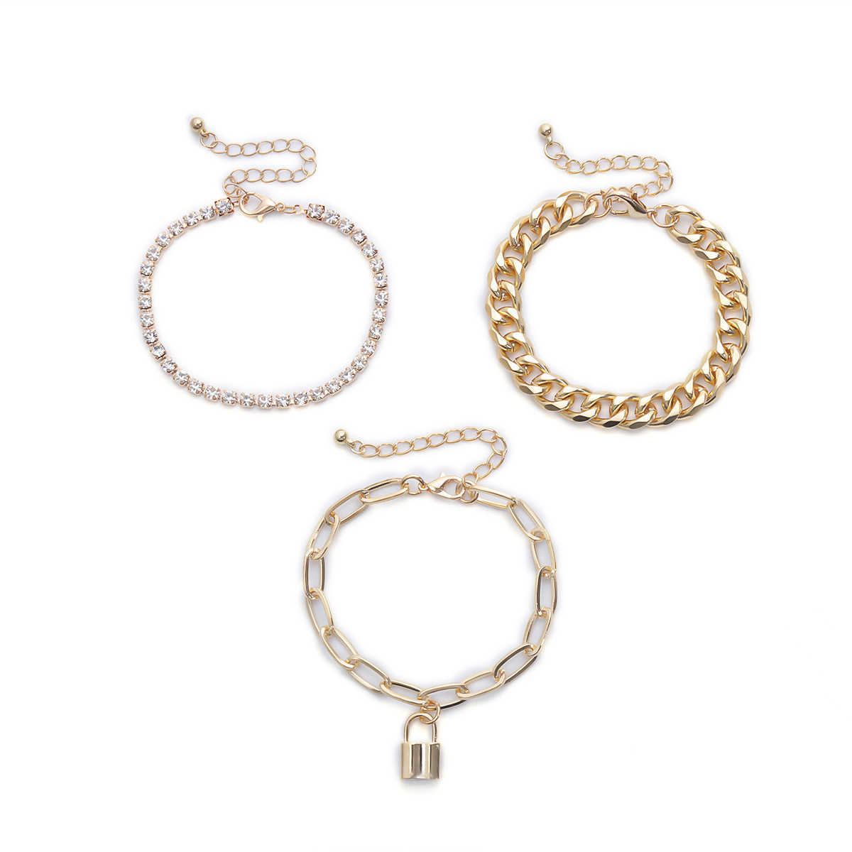 Charm Bracelets Jewelry personality hip hop thick chain claw chain drill hand fashion lock shaped mixed chain bracelet H25220