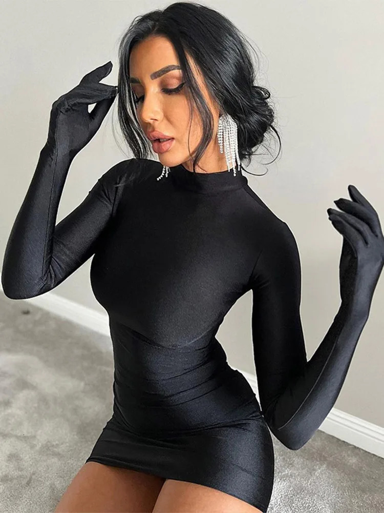 Solid Long Sleeve With Gloves Mini Dress Bodycon Sexy Streetwear Party Half Turtleneck Outfits Y2K Clothes Wholesale 250219