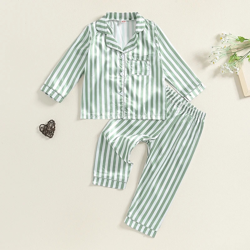 Kid Girls Boys Fall Pajamas Set Stripe Print Long Sleeve Shirts Tops Long Pants Satin 2 Pieces Lounge Suit Sleepwear 250219