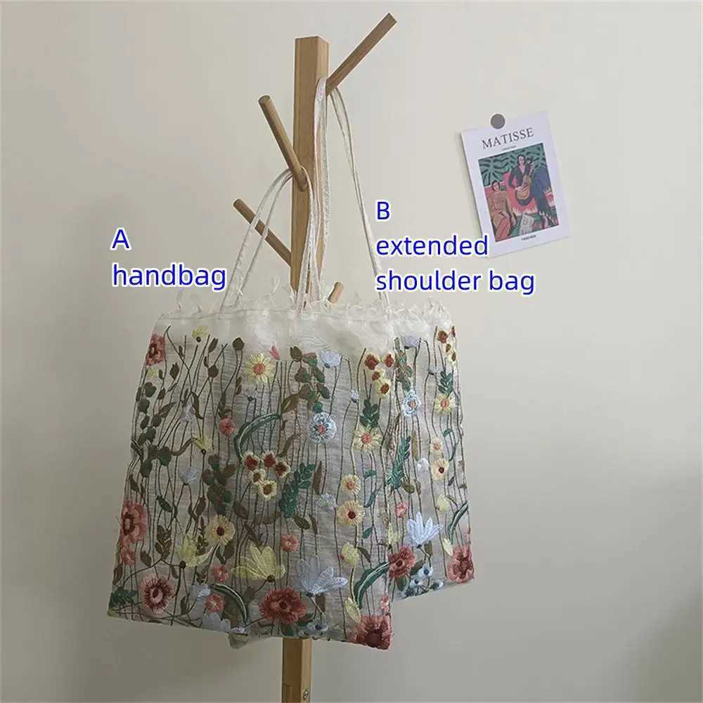 1Pc Fashion Tote Summer New Style Mesh Full Embroidery Flowers Clear Shoulder Bag Romantic Handbag Womens Eco Shopping Bag 2023 Z250219