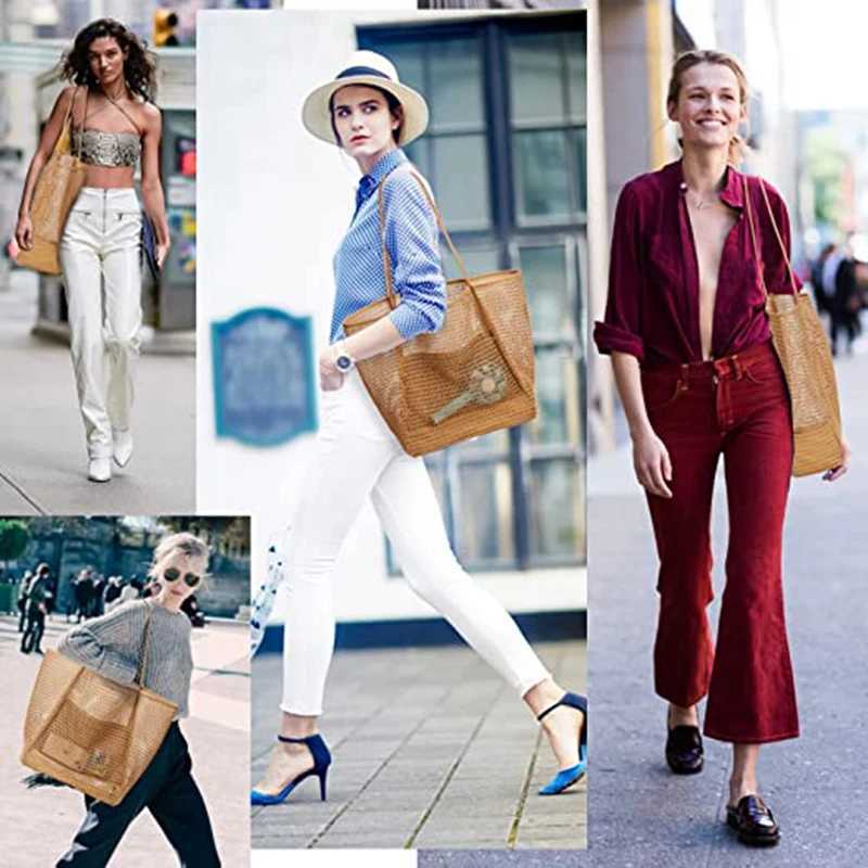 Lightweight Foldable Beach Mesh Tote Bag for Women Casual Tote Bag Shoulder Bag for Picnic Vacation Pool Trip Max 23L Z250219