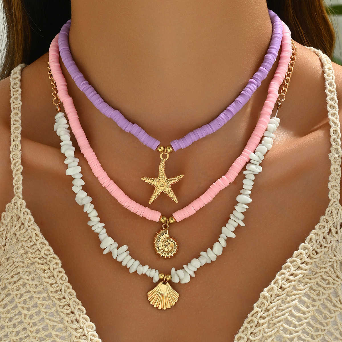 Pendant Necklaces Summer Bohemian style necklace shell jewelry beach vacation shell starfish fish tail pendant collarbone chain H25219