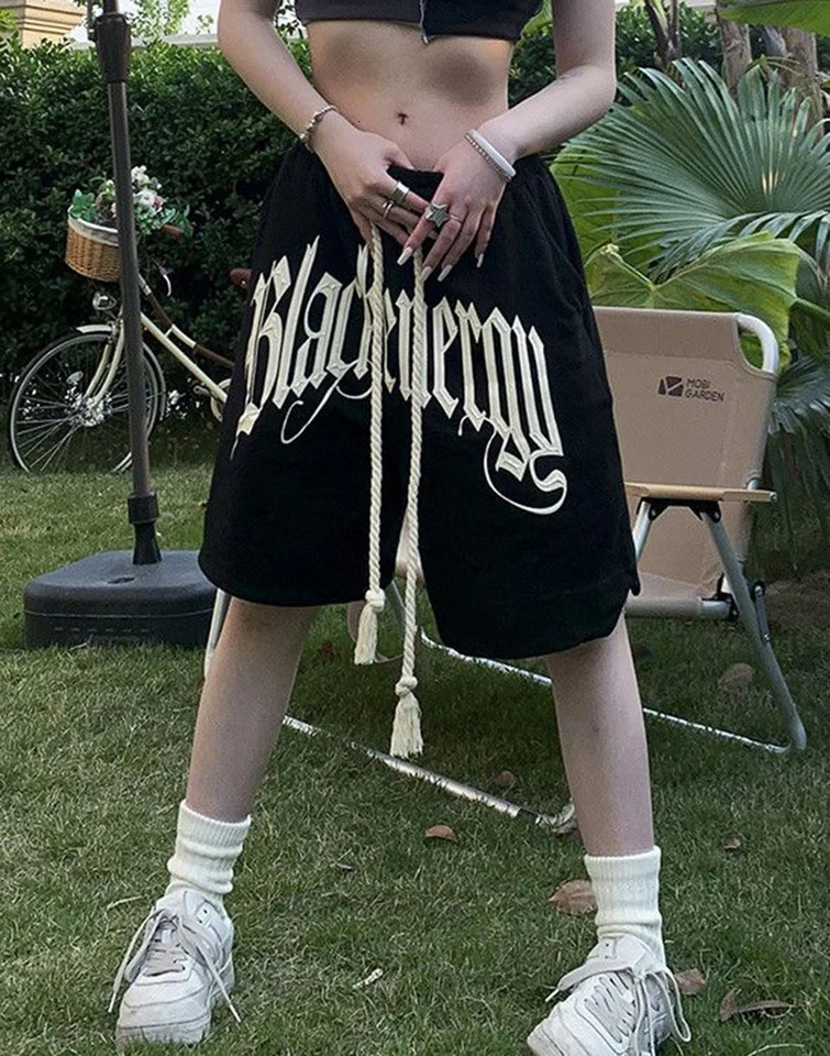y2k Summer shorts American High Street alphabet print black womens Shorts Loose draw rope wide Leg Pants Sports shorts 250219