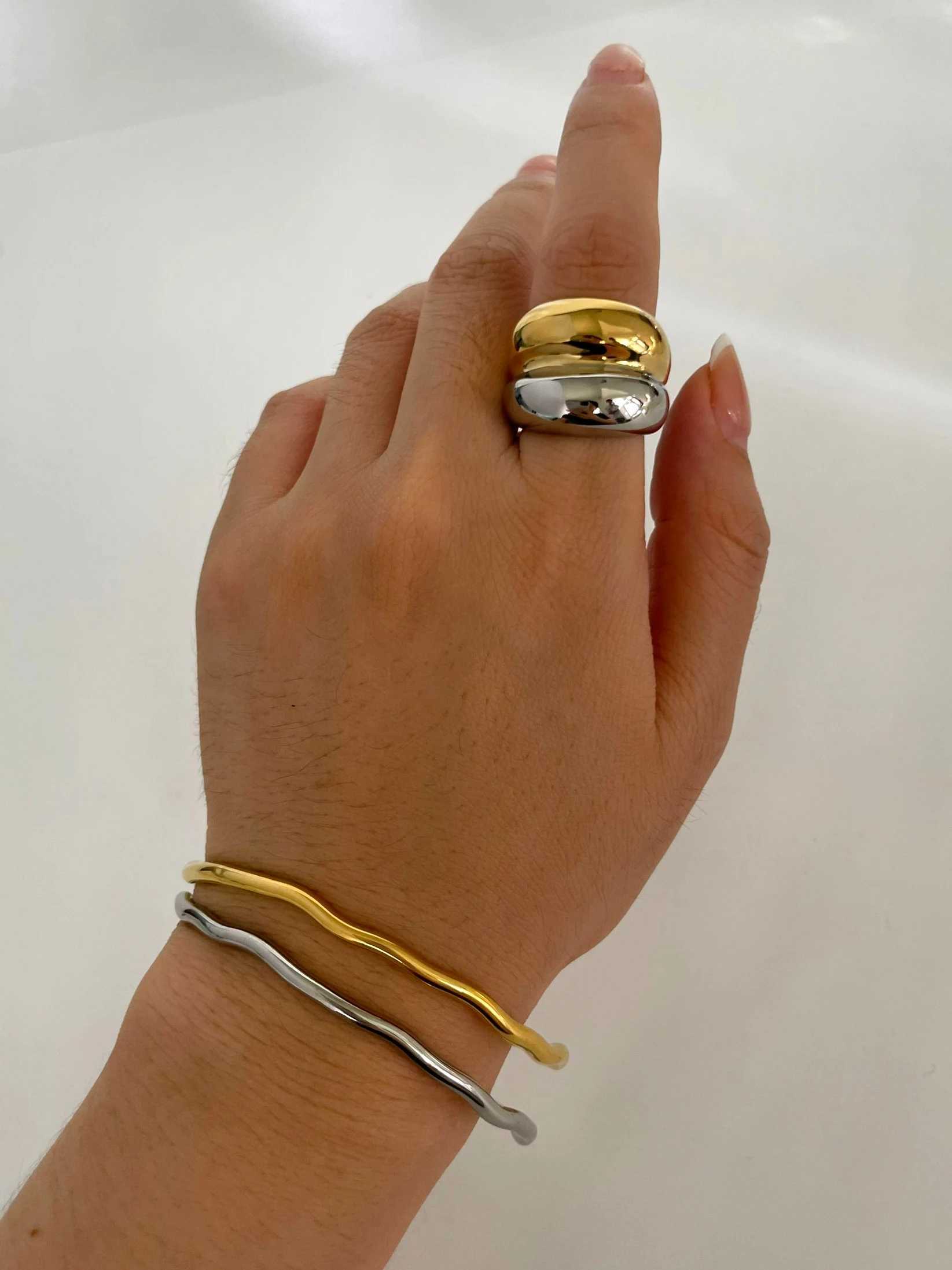 Perisbox Trendy 18K Pvd Gold Silver Plated Two-tone Chunky De Rings for Wen Men Stainless Steel Double Layer Wide Ring Punk X250220