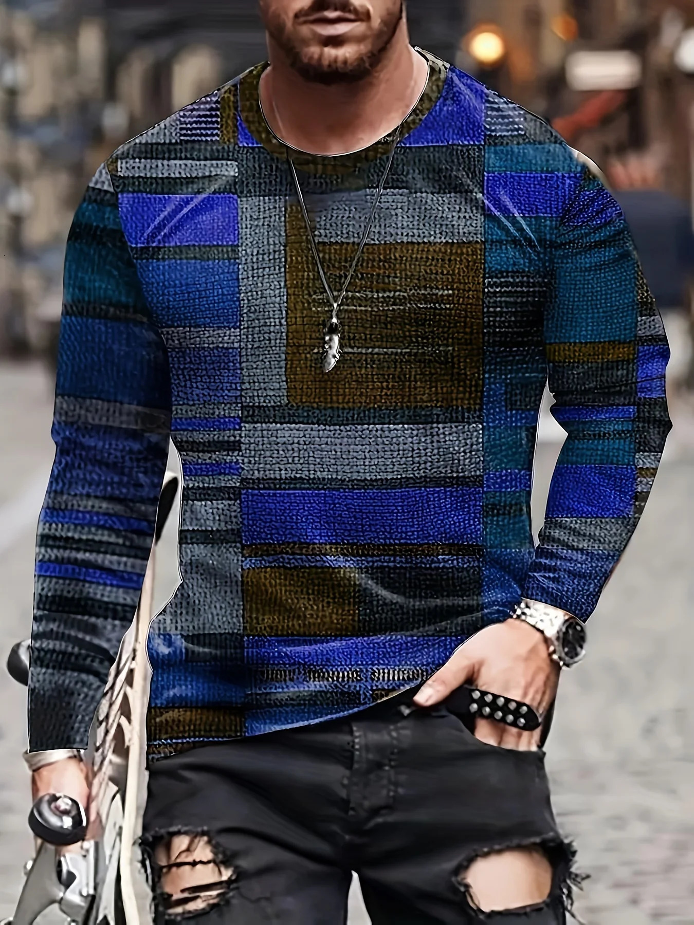 Fashion Mens Colorful Irregular Plaid Pattern Round Neck Longsleeved Tshirt Spring And Autumn Outdoor Sports Tops Tee 250213