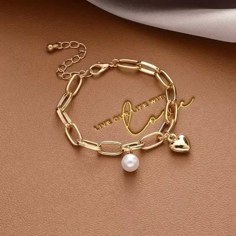 1PCS Fashion Korean Style Pearl Heart Pendant Bracelet Woman Simple Vintage Stainl Steel Chain Bracelet Jewelry AccoriesXJ250219