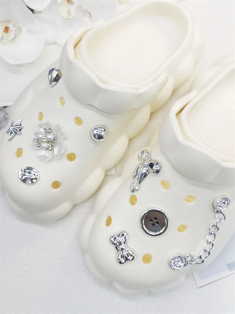 9PCS Shoe Charms ABS Decorations Accessories DIY Clog Buckle Shoes Silvery Bow Chain Ornaments For Lady Bubble Slides 250219