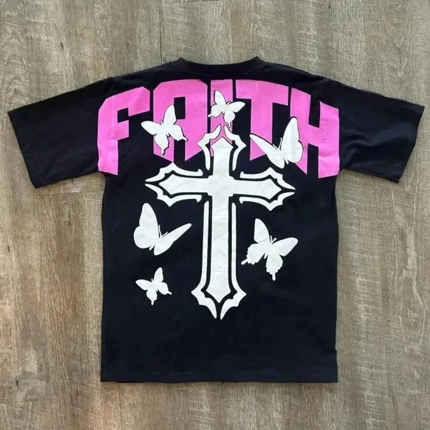 Streetwear T Shirt Y2K Hip Hop Letter Retro Cross Graphic Print Oversized Tshirt Mens Round Neck Cotton Short Sleeve Tops 250214