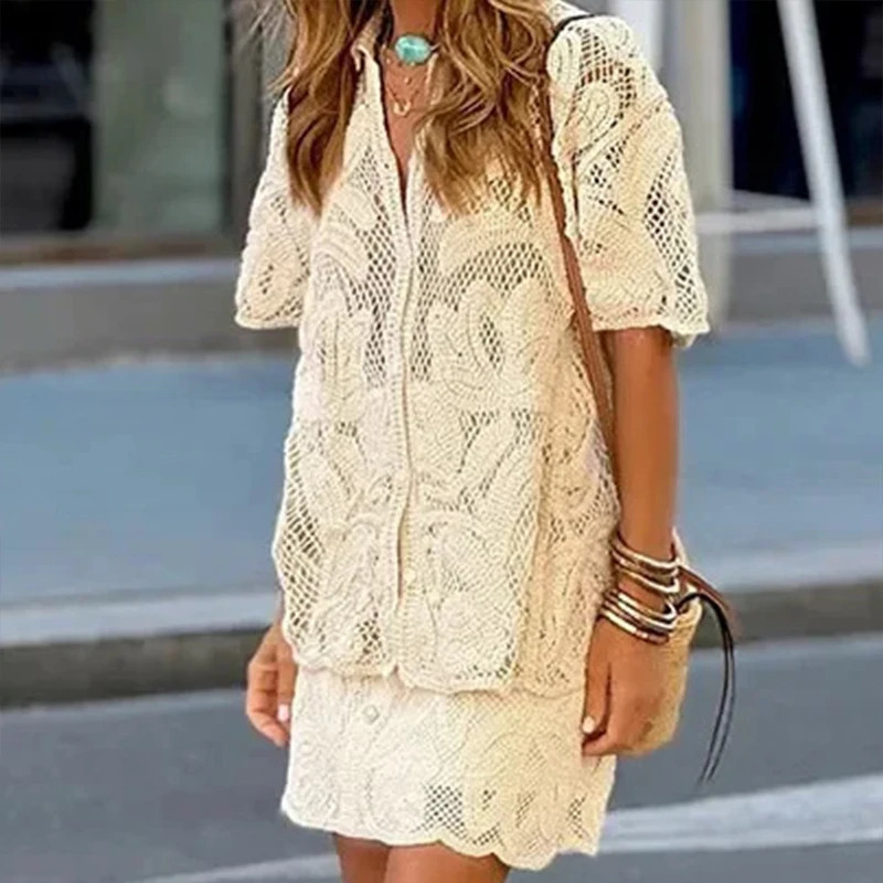 Lady V Neck Short Sleeved Top with Mini Skirt Set Sexy Hollow Out Knitted Beach Womens Set Fashion Button Slim Holiday Outfit 250220