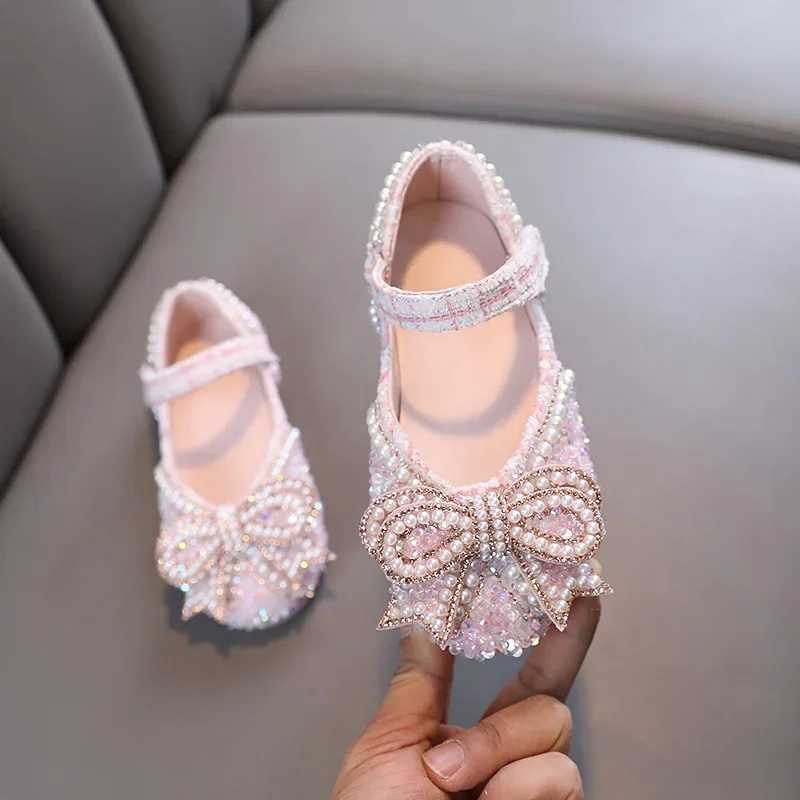 Girls Shoes Bling Single Shoes for Stage Performance Mary Janes Bow Crystal Glitter Wedding Flats Party Leather Shoes New X250220