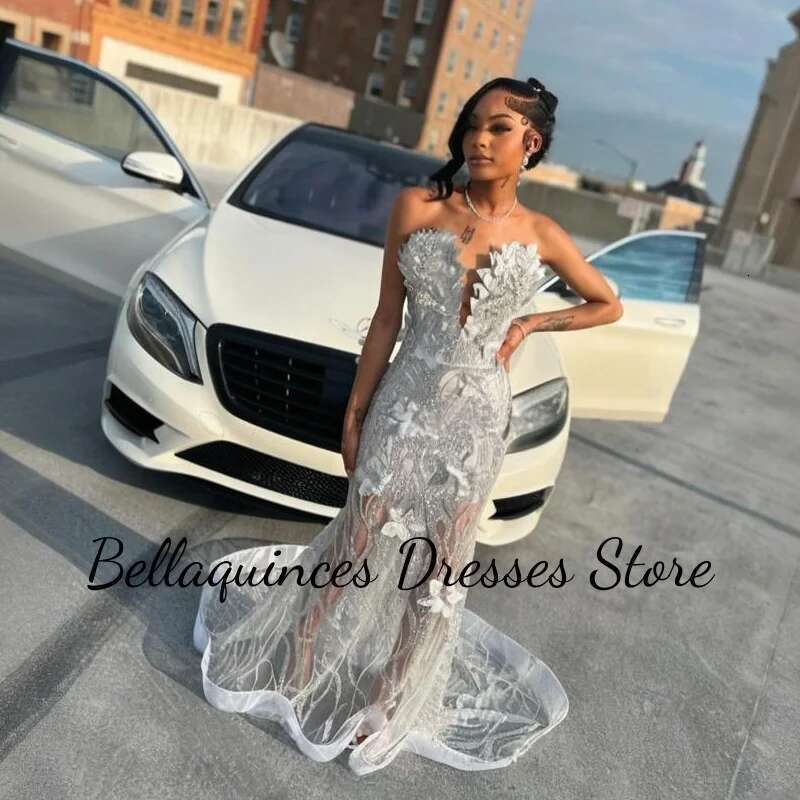 Glitter Mermaid Silver Sequins Black Girl Ball Gowns Sexy Applique Strass Long 2025 Female Party prom Dress Customized