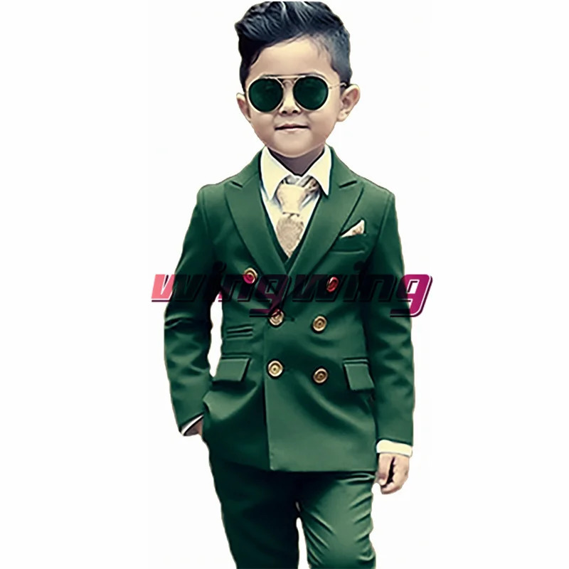 Green Boys Suit Wedding Two Piece Double Breasted Jacket Pants Fashion Gold Button Clothes Kids Blazer 250219
