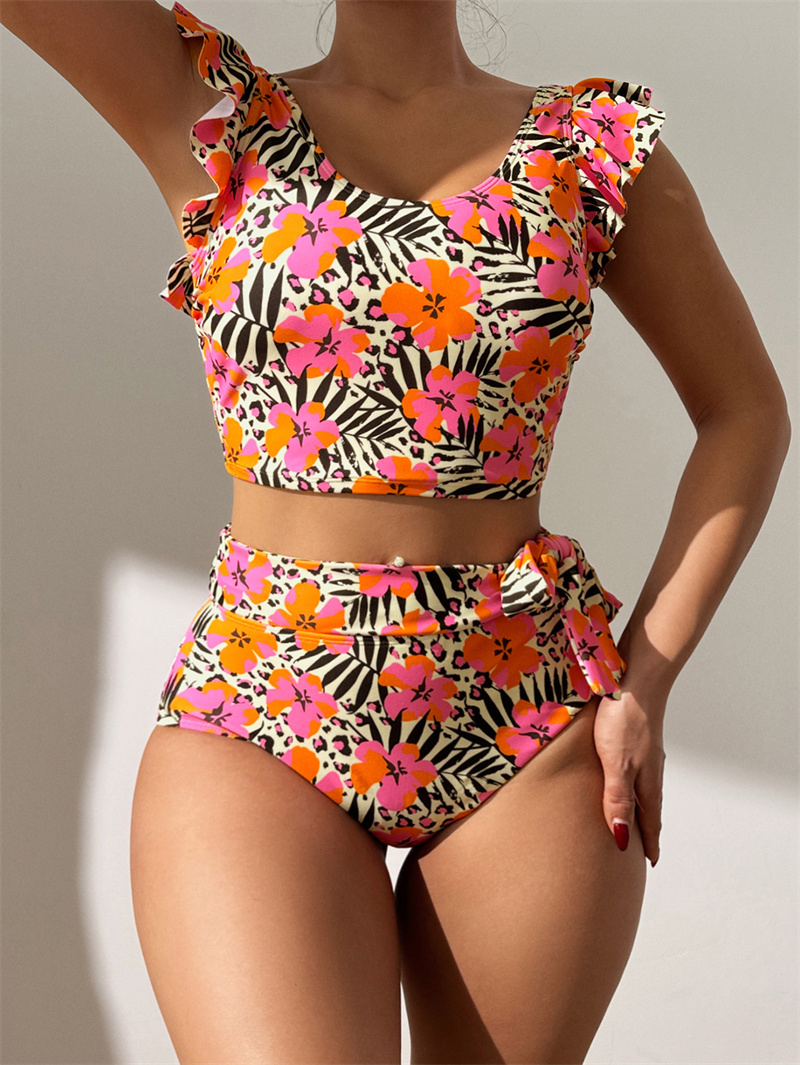 Women Ruffle High Waisted Swimsuit Two Piece Tropical Print Swimsuit Push Up Bathing Suit