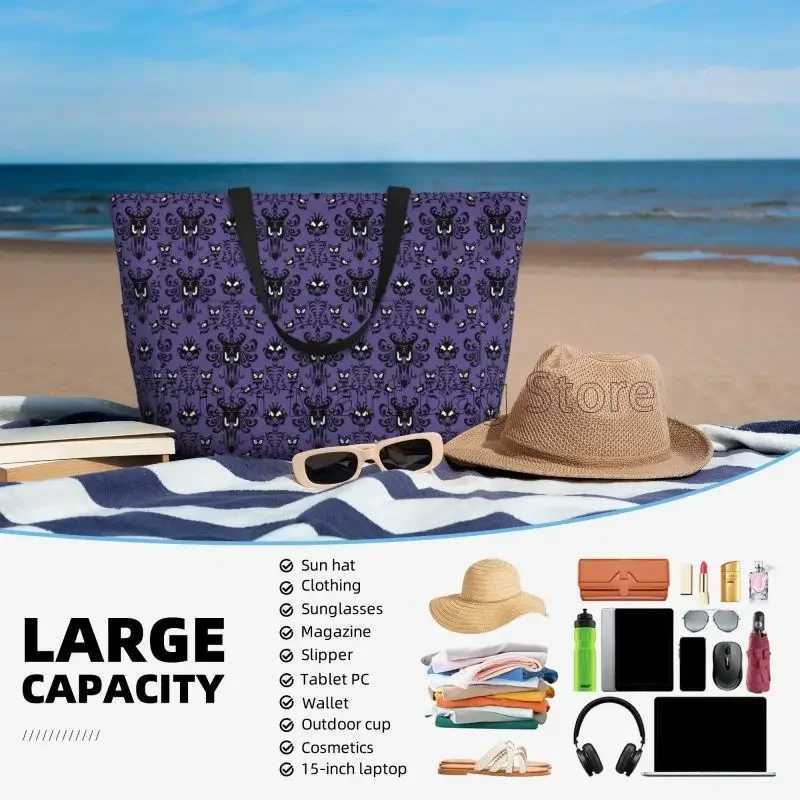 Happy Haunted Mansion Beach Bag for Women Travel Tote Bag with Pockets Summer Large Beach Pool Bag for Swim Gym Vacation Z250219