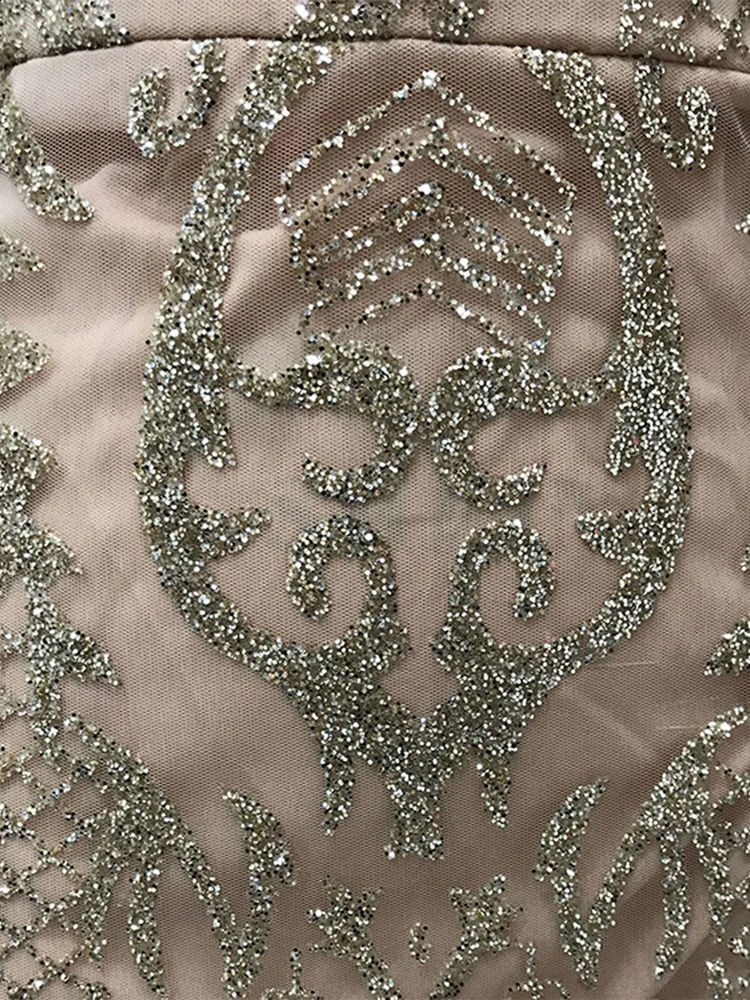 Deep V gold sequin dress sleeveless hollow lace party sexy backless waist pleated slim fish tail long 250220Z