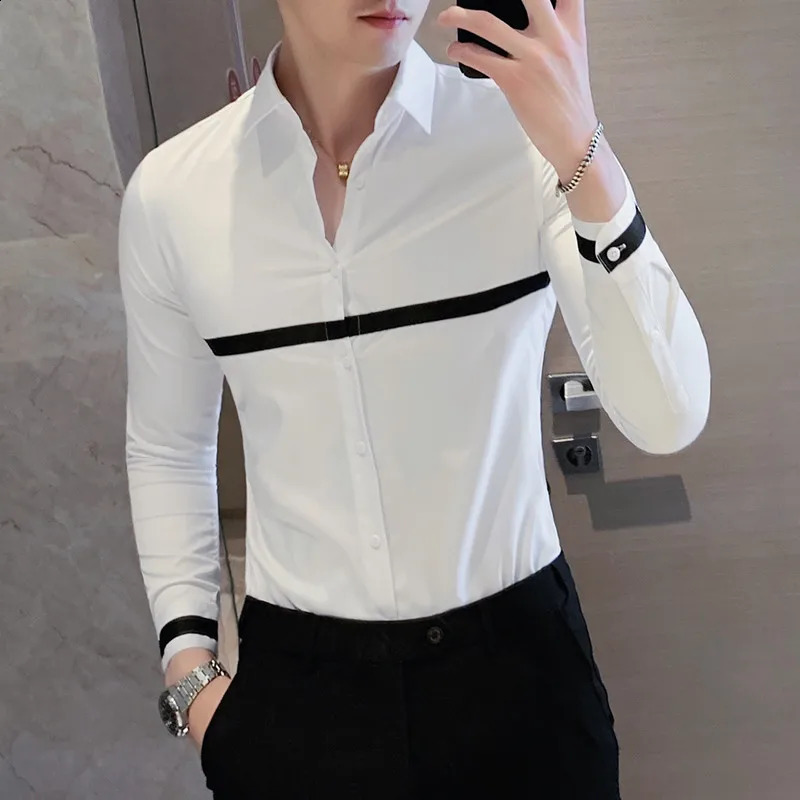 Autumn Long Sleeve Shirts Slim Fit Casual Business Formal Dress Ribbon Decoration Social Party Office Mens Clothing 250220