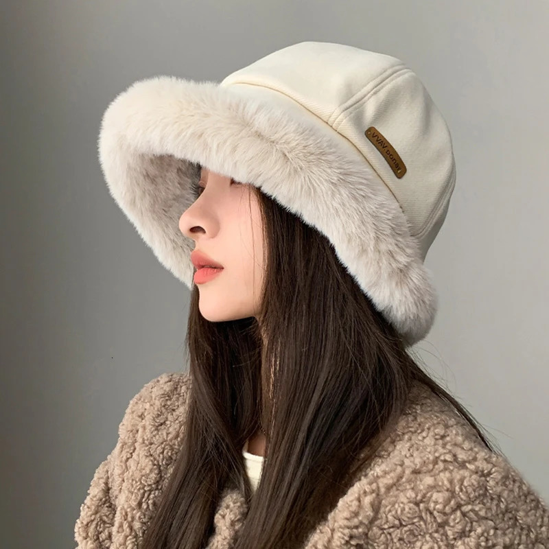 Fashionable fluffy fur bucket hat womens winter thick warm Panama fisherman retro soft plush basin 250210